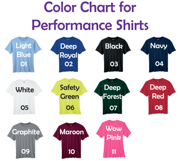#19 - 0 Color Chart for performance, moisture wicking shirts